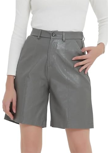 Women Elastic Waist Knee Length Leather Shorts High Waist Shorts Wide Leg Half Trousers Gray 3XL