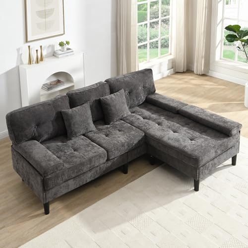 Luscriate Sofá cama modular en forma de L de chenilla, sofá cama de 3 plazas con chaise longue y reposapiés, sofá para apartamentos pequeños, gris antiguo