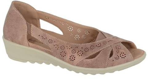 Boulevard Ladies Sandals Wide E Fit Peep Toe Slip On Cross Over Massage Footbed Summer Lightweight Floral Womens Holiday Flats (Light Tan, UK Footwear Size System, Adult, Women, Numeric, Wide, 5)