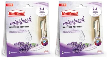 UniBond Minifresh Moisture Absorber, Lavender Fragrance Hangable Sachets, Ideal for Drawers, Cupboards, Wardrobes & Shoeracks, 2 Scented Sachets