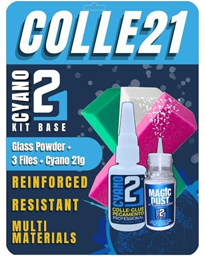 Kit Base Superglue Colle21 – 1 Colle Cyanoacrylate Colle21 + 1 Poudre MagicDust21 + 3 Éponges Abrasives Lime21