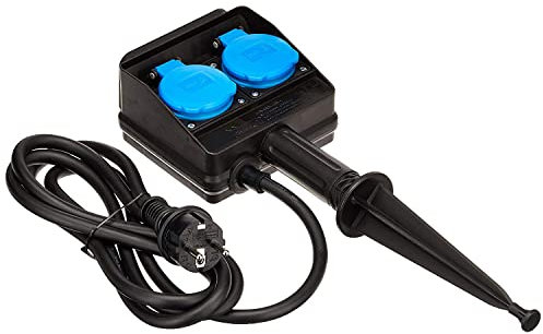 as - Schwabe - Toma de distribución de picos de tierra doble 230 V / 16 - distribuidor de tomas de corriente con cable de manguera de goma de 2 m y tapa abatible - IP44 - Negro