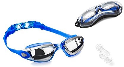 PI-PE Profi-Schwimmbrille mit Anti-Beschlag-System und UV-Schutz verstellbar extra wasserdicht für Erwachsene und Jugendliche mit praktischer Aufbewahrungsbox und 1 Paar Ohrstöpsel, blau