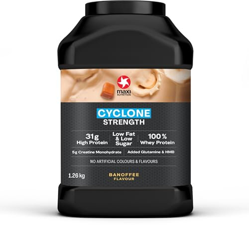 MaxiNutrition - Cyclone, Banoffee - Premium Whey Protein Powder with Added Creatine, Glutamine & HMB – Low in Sugar and Fat, Vegetarian-Friendly - 31g Protein, 204 kcal per Serving, 1.26kg