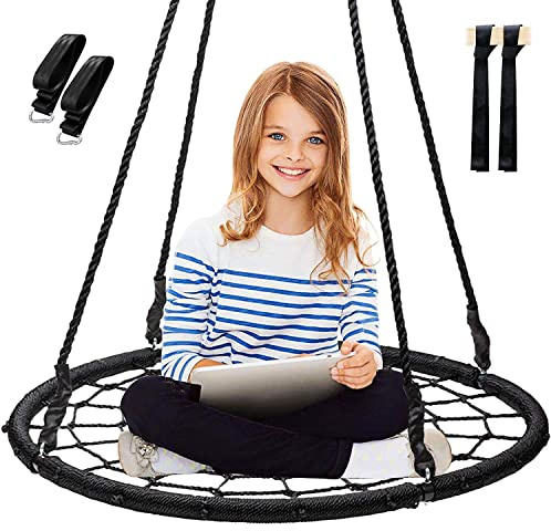 Display4top Spider Web Tree Swing, 40 Round Net Swing Set for Kids Teens with 71 Adjustable Hanging Ropes, Great for Park Backyard Playground Outdoor, Max 400Lbs (Black)