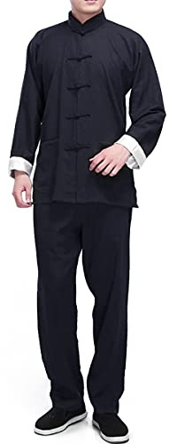QYUU Men's Linen Kung Fu Suit Traditional Chinese Martial Art Uniform Long Sleeve Mandarin Jacket Pants Tai Chi Set (124# Black, L), QY-M7-124