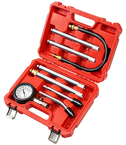 JIFETOR Cylinder Compression Tester, 8PCS Small Engine Pressure Gauge Diagnostic Tool Kit for Automotive Cylinder Compression Test on Gasoline Car Motorcycle Truck, 4 Extension Rods