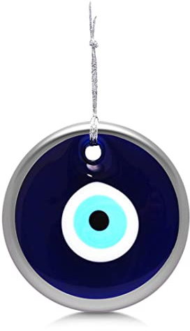MYSTIC JEWELS - Ojo Turco Grande 12 cm Approx con Agujero, Cristal contra el Mal de Ojo, Azul y Blanco, Encantos de Buena Suerte para Colgar en La Pared (Plateado)