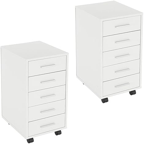 ML-Design 2er Set Rollcontainer mit 5 Schubladen, 33x38x63,5 cm, Weiß, Holz, Alu-Griffe, Mobiler Aktenschrank, Büroschrank mit Rädern, Bürocontainer Schubladenschrank Rollschrank Rollwagen Kommode