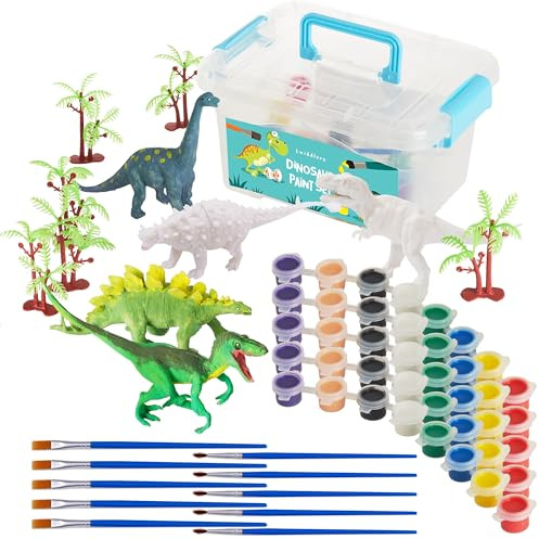 THE TWIDDLERS 20-Teiliges Dinosaurier Malset, 5 Dinofiguren mit 40 Mini-Farbtöpfen (8 Farben), 10 Pinseln & Bäumen - Basteln für Jungen (40)