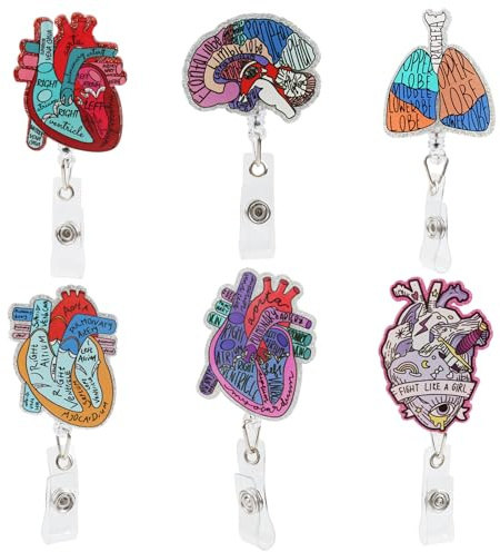 6Pcs Nurse Retractable Badge Reel, Badge Holder with ID Clip and Heart Brain Lung Pattern for Nurses Doctor Medical Assistan