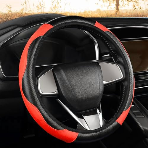 XNIVUIS Car Steering Wheel Cover Leather, Elastic Band Without Inner Ring, Universal Size M 37-38cm /14.5-15inch, Anti-slip, Breathable, Protector Interior Accessories for Car (Red) (Red)