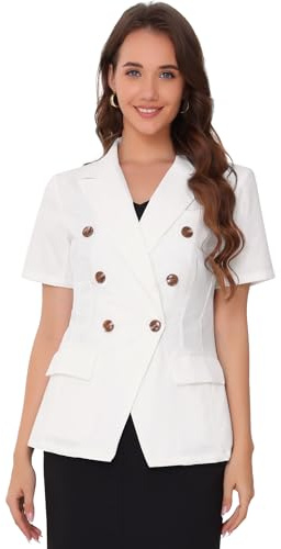 Allegra K Blazer à manches courtes pour femme à double boutonnage, blanc, Large
