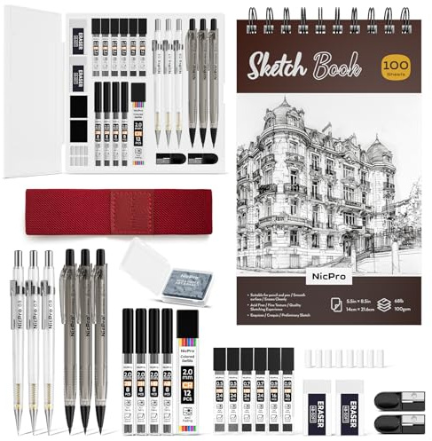 Nicpro 26PCS Art Drawing Supplies Kit, Mechanical Pencils Set 0.5, 0.7, 0.9 & 2mm, 100 Sheets Sketch book, 172PCS Lead Refills, School Supplies Gifts for Artist Adults Teens Girls Boys Kids Sketching
