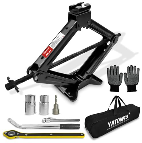 YATOINTO Gato de tijera de 2.5 toneladas/5500 libras | Kit de cambio de neumáticos de gato de coche de 7 piezas, juego de cambiador de neumáticos portátil que incluye gato de tijera negro, adaptador