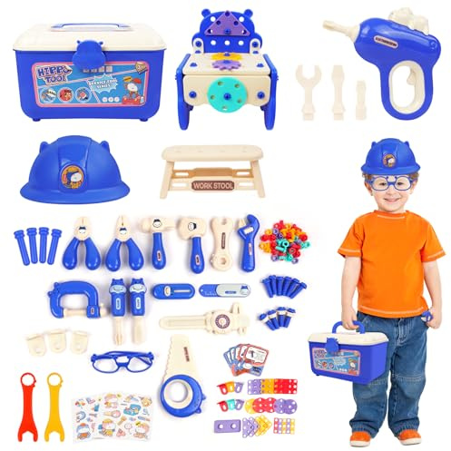 HOTUT Werkzeugkoffer Kinder Werkbank, 218 Stück Kinderwerkzeug mit Werkzeugkasten, Spielzeug Bohrmaschine, Schutzhelm, Rollenspiel Spielzeug Geschenk ab 3+ Jahre Mädchen und Jungen