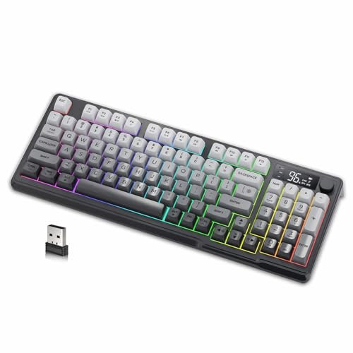 M96 Teclado Inalámbrico para Juegos, Modo Dual con 2.4G y BT5.0, Teclado Semi-mecánico Membrana 94 Teclas con Pantalla y Perilla, Teclas PBT Degradado QWERTY, Rainbow Backlit, 3000mAh -Moonnight