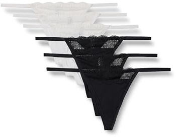 Amazon Essentials Women's Peached Microfiber with Lace Trim G-String, Pack of 6, Black/White, XX-Large