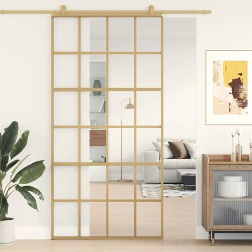 Gecheer Porta Scorrevole Oro 102,5x205 Vetro Trasparente ESG Alluminio,Porta da Interni,Porte Interne,Porta Interna in Vetro,Porta per Bagno Cucina Studio,P155174