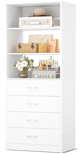 Aheaplus Closet Drawers Organizer System, 21.3 Wood Closet System with 4 Drawers, Modular Walk-in Closets Storage Unit, Tall Bookshelf Storage Cabinet, White22