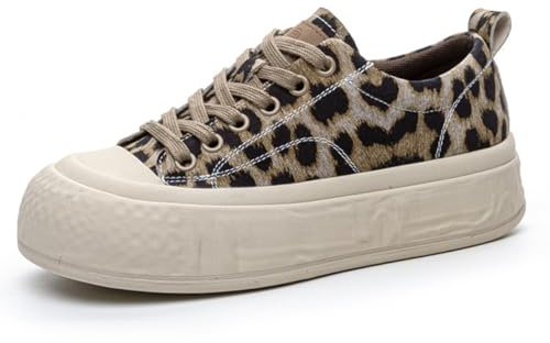 MiaZane Sneakers da Donna con Plateau Spesso in Pelle con Lacci Punta Tonda Scarpe Sportive Casual Basse in Tela per Passeggiate in Strada E Uscite Quotidiane,Leopard Print,36 EU
