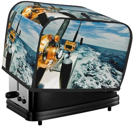 Carretes de pesca en un barco, cubierta de tostadora de doble rebanada, con bolsillo, adecuada para decoración de mesa de comedor en casa.