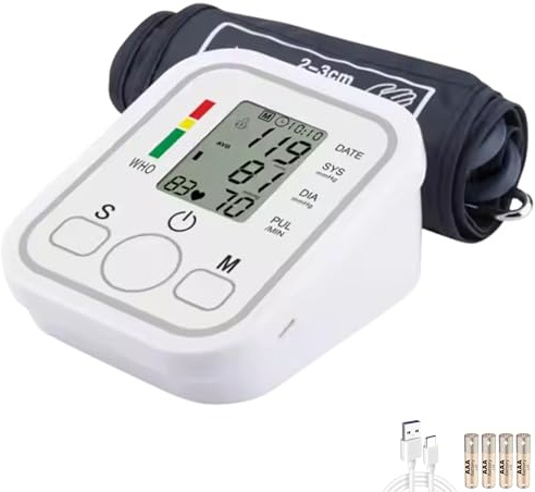 Electronic Blood Pressure Monitor for Home Use, Accurate Digital Upper Arm BP Machine with Adjustable 22–36cm Cuff, USB Charging Cable, 4 AAA Batteries & User Manual Included, White