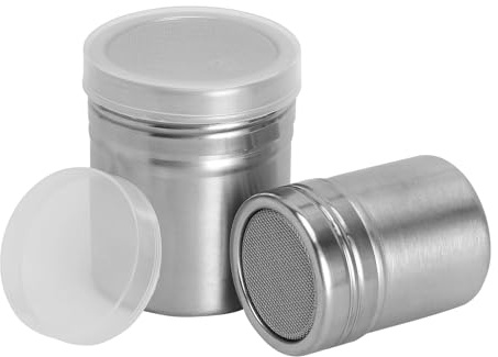JYYWTSI 2 unidades de espolvoreador de azúcar en polvo, harina, cacao con tapa, acero inoxidable con colador fino para capuchino, hornear, pasteles, café, postres y especias