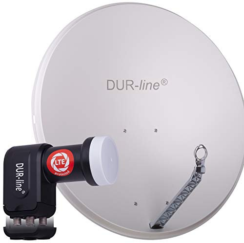 DUR-line 4 Teilnehmer Set - Qualitäts-Alu-Satelliten-Komplettanlage - Select 85cm/90cm Spiegel/Schüssel Hellgrau + Quad LNB - für 4 Receiver/TV [Neuste Technik, DVB-S2, 4K, 3D]