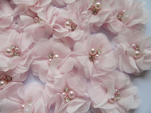Yycraft, confezione da 20 pezzi di fiori di chiffon, 5 cm, con strass e perle, per progetti creativi, Chiffon, Baby Pink, 2