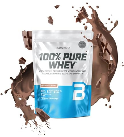 BioTechUSA 100% Pure Whey | Proteine in polvere con BCAA e glutammina | Senza glutine, senza olio di palma | 21g di proteine per porzione, 454 g, Cioccolato