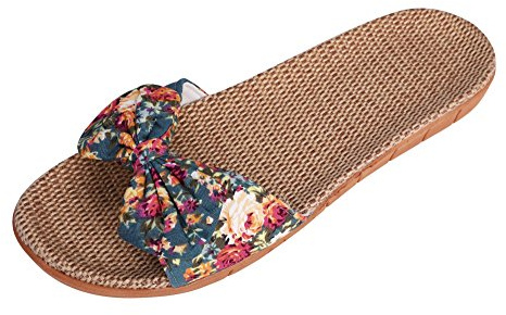 Sandales Plates Femmes Tongs à Bout Ouvert en Lin Antidéparant Chaussons d'Intérieur Maison Bureau Plancher Pantoufles Eté avec Papillon de N½uds Mignon Slippers pour Plage Piscine