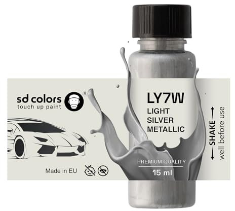 SD COLORS - Vernice per ritocchi in argento chiaro e metallizzato, 15 ML, per riparazione graffi e scheggiature, codice colore LY7W, argento chiaro metallizzato (solo vernice)