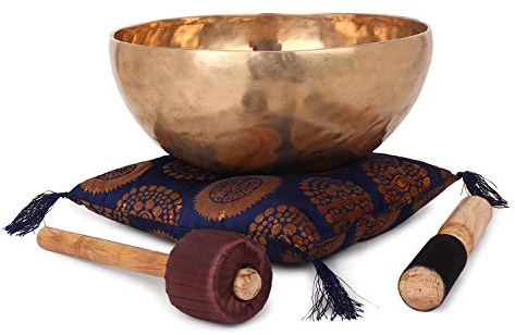 Ajuny Himalaya ljudläkande sjungande skål meditation handhammarad vanlig gyllene bengali skålar med kuddsanfallare och trumstift storlek diameter 28 cm