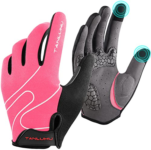 Tanluhu Cycling Mountain Bike Biking Gloves for Men Women Outdoor Full Finger Workout Touch Screen Anti-Slip Shock-Absorbing MTB Road Bicycle Gloves (Black&Pink, M)