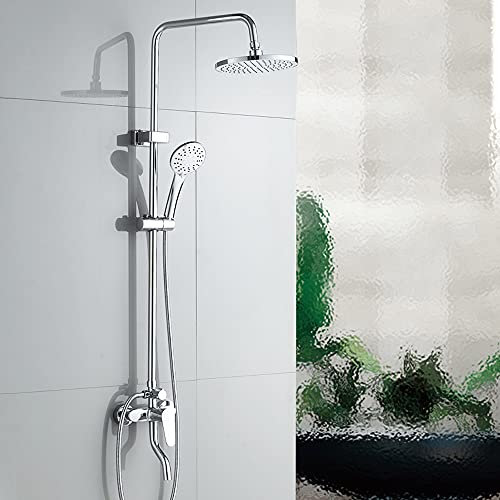 Sistema doccia con doccetta a 5 getti, miscelatore doccia a parete per bagno, soffione fisso regolabile in inclinazione, interruttore rotante a tre comandi per l'uscita dell'acqua, ugello in silicone