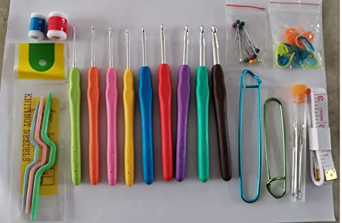 Mestraft 50 Pezzi Set Uncinetto Ergonomico Kit, 9 Misure (2mm-6mm) Uncinetti Ergonomici con Impugnatura Morbida, Punta in Alluminio, Kit Amigurumi Colorato Ago Artigianale, Attrezzi, Accessori