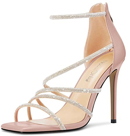 NobleOnly Donna Aperte sulla Punta Spillo Alto High Tacco Heel Cinturino alla Caviglia Diamante Cristallo Sandali Ballo Sexy Scarpe 10 CM Heels Rosa 39 EU