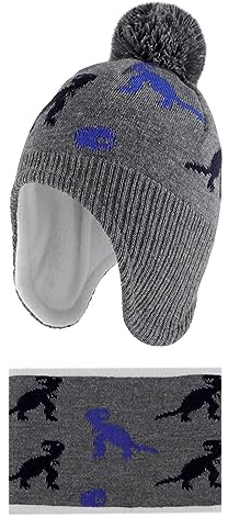 LACOFIA Baby pojkar flickor vintermössa och krage halsduk set stickad småbarn öronflikar mössa barn varm fleece foder hatt med pompom, 2-pack, Grå dinosaurie, 12-24 månader