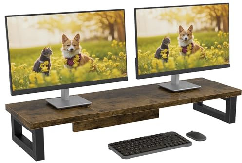 OYRREU Soporte Monitor Escritorio, 91x26cm Elevador Monitor Doble Escritorio Soporte para Monitor, Soporte Pantalla Ordenador TV PC Monitor Stand Accesorios Escritorio, Madera rústica