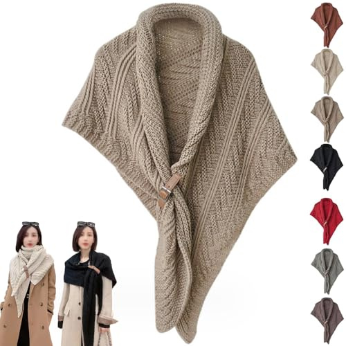 Multifunktionell triangelsjal för damer, stickad triangelsjal med läderspänne, mode varm mysig stickad axelsjal scarf cape (en storlek, kaki)