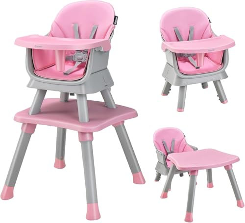 GOPLUS Trona Evolutiva Bebe 6 en 1 para Niños 6-36 Meses Hasta 25kg, Silla Bebé Comedor Portati con Bandeja Extraíble, Pies Antideslizantes, Arnés de 5 Puntos, Asiento para Juegetes y Estudio(Rosa)