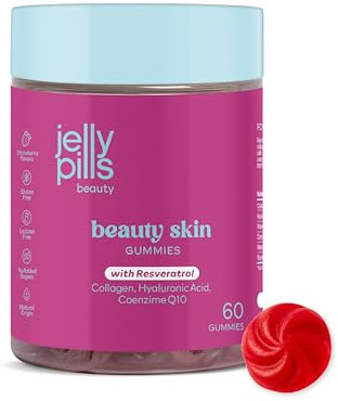 Jelly Pills Gommose con 500 mg di Collagene, Resveratrolo, Acido Ialuronico, Coenzima Q10 e Vit. C – 60 Gommose Gusto Fragola – Senza Zuccheri Aggiunti – Pelle Tonica e Luminosa