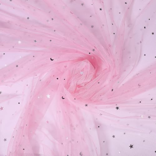 CHGCRAFT 10Yards 65.75 Inch Glitter Tulle tessuto rotoli con stella luna nastro di paillettes tessuto rete tessuto bobina di tulle per cucire matrimonio stoffa da sposa fai da te artigianato forniture