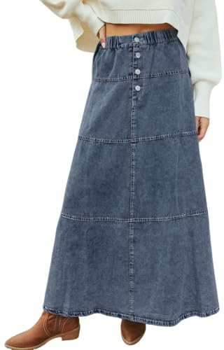 loveimgs Maxifalda Vaquera Casual para Mujer, Cintura Alta, elástica, escalonada, Acampanada, Falda Larga de Mezclilla Y2k Western Patchwork 2025, Azul, XS