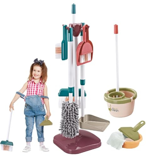 Jingyash Kit de Nettoyage pour Enfant, Set de Nettoyage Jouet Enfant, Jouet de Menage avec Balai, Pelle, Vadrouille et Support, Jeux de Rô éducatifs Cadeau pour Garçons Filles 3+