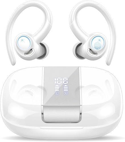 Auriculares Inalambricos Deportivos,48H Auriculares Bluetooth 5.3 HiFi Estéreo, con Reducción de Ruido CVC8.0,Cascos Inalambricos Bluetooth con Gancho, IPX7 Impermeable Running Auriculares, Blanco