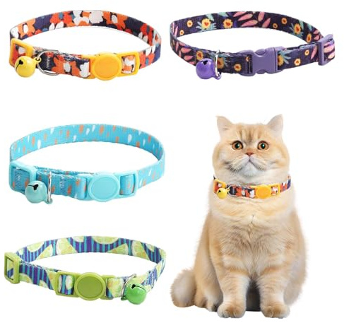 4 Piezas Elegantes Collares para Gato, Collar para Gato con Cascabel, Collar de Seguridad para Gatos Ajustable de 18 a 30 cm, Bonito Collar con Estampado Floral, Apto para Gatos de hasta 5 kg