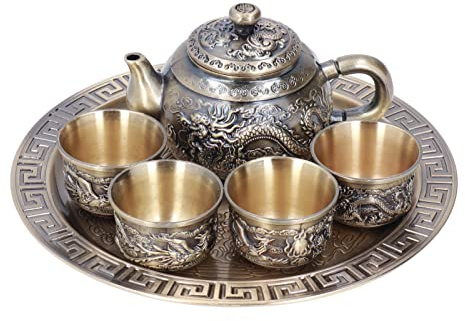 Conjunto de Cafetera Vintage, Conjunto de Té de Metal con 4 Tazas y Bandeja de Servicio de Tetera Marroquí de Patrón de Alivio para la Decoración de la Mesa Oficina Hogar