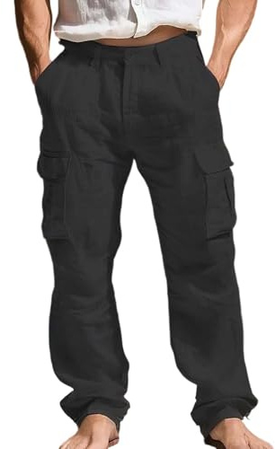 2026 Pantalon en Lin Homme Cargo Coupe Droite Classique Pantalon Baggy Hommes Lin Décontracté Pantalons de Travail Sport Jogging Grande Taille Léger et Respirant Trousers pour l'Été et Le Quotidien